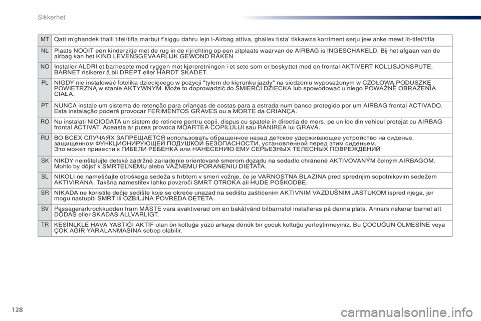 PEUGEOT 108 2016  Instruksjoner for bruk (in Norwegian) 128
MtQatt m’ghandek thalli tifel/tifla marbut f’siggu dahru lejn l-Airbag attiva, ghaliex tista’ tikkawza korriment serju jew anke mewt lit-tifel/tifla
NLPlaats NooIt een kinderzitje met de rug