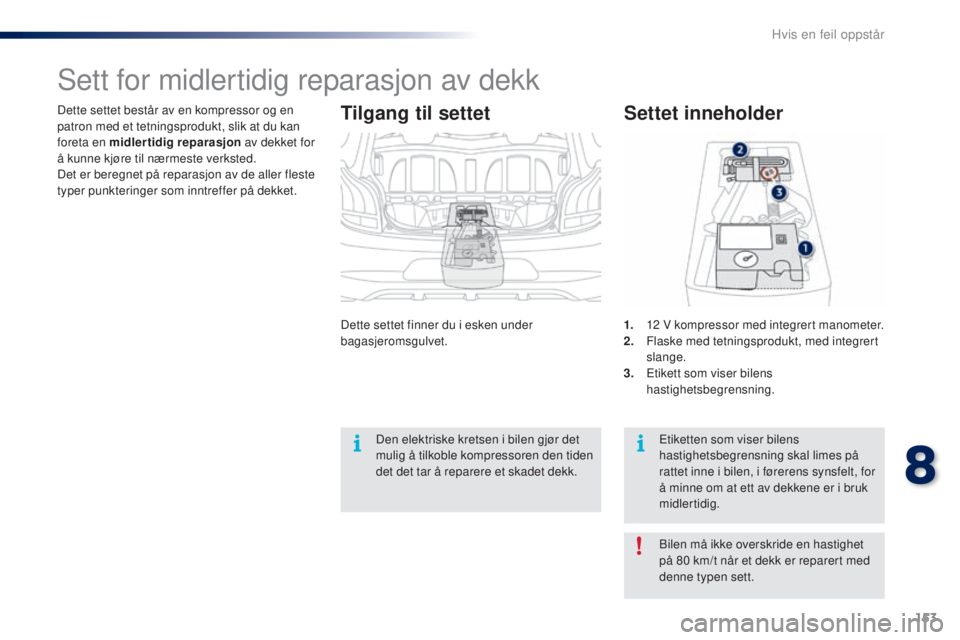 PEUGEOT 108 2016  Instruksjoner for bruk (in Norwegian) 153
108_no_Chap08_en-cas-pannes_ed01-2016
Dette settet består av en kompressor og en 
patron med et tetningsprodukt, slik at du kan 
foreta en midlertidig reparasjon av dekket for 
å kunne kjøre ti