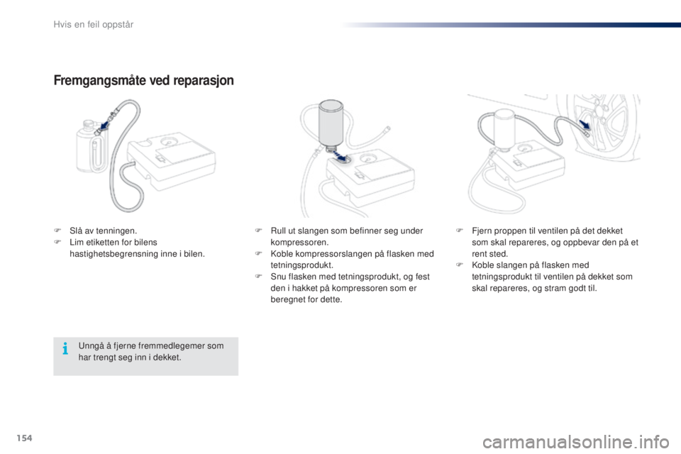 PEUGEOT 108 2016  Instruksjoner for bruk (in Norwegian) 154
108_no_Chap08_en-cas-pannes_ed01-2016
F Rull ut slangen som befinner seg under kompressoren.
F
 
K
 oble kompressorslangen på flasken med 
tetningsprodukt.
F
 
S
 nu flasken med tetningsprodukt, 