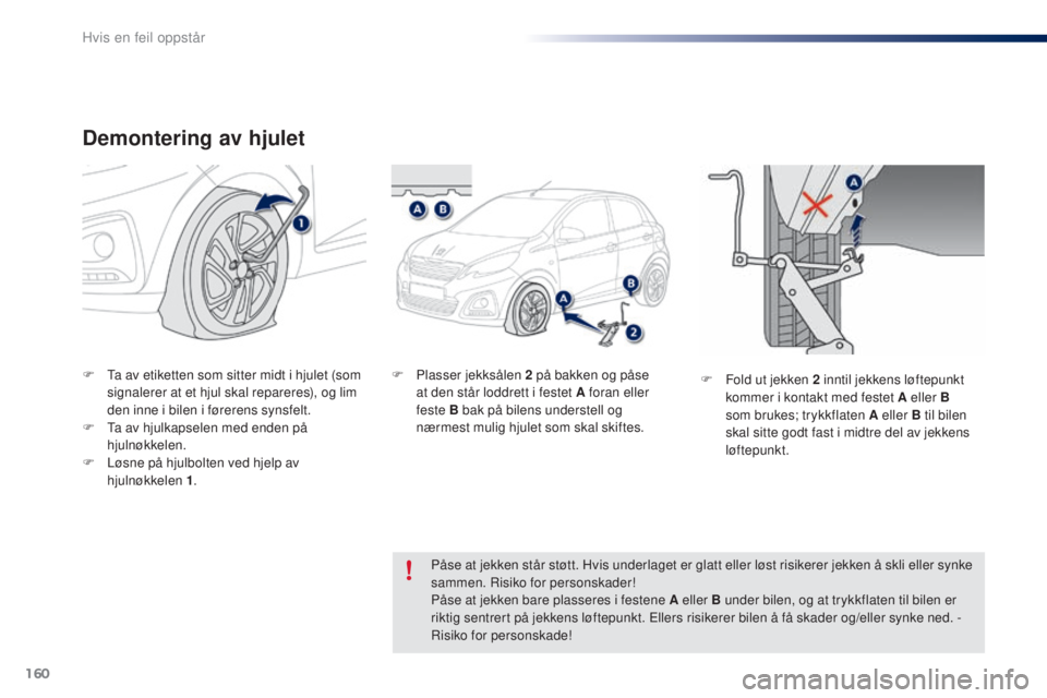 PEUGEOT 108 2016  Instruksjoner for bruk (in Norwegian) 160
108_no_Chap08_en-cas-pannes_ed01-2016
Demontering av hjulet
F  ta av etiketten som sitter midt i hjulet (som signalerer at et hjul skal repareres), og lim 
den inne i bilen i førerens synsfelt.
F