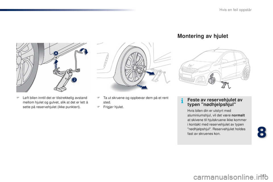PEUGEOT 108 2016  Instruksjoner for bruk (in Norwegian) 161
108_no_Chap08_en-cas-pannes_ed01-2016
Feste av reservehjulet av 
typen "nødhjelpshjul"
Hvis bilen din er utstyrt med 
aluminiumshjul, vil det være normalt 
at skivene til hjulskruene ikk