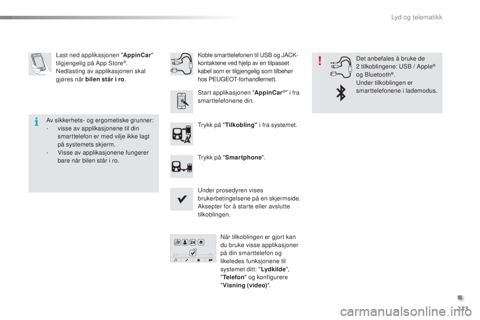 PEUGEOT 108 2016 Instruksjoner for bruk (in Norwegian) 213
108_no_Chap10a_Autoradio-toyota-tactile-1_ed01-2016
Last ned applikasjonen "AppinCar"
tilgjengelig på App Store®.
Nedlasting av applikasjonen skal
gjøres når bilen står i ro .
tr
y PEUGEOT 108 2016 Instruksjoner for bruk (in Norwegian) 213
108_no_Chap10a_Autoradio-toyota-tactile-1_ed01-2016
Last ned applikasjonen "AppinCar"
tilgjengelig på App Store®.
Nedlasting av applikasjonen skal
gjøres når bilen står i ro .
tr
y