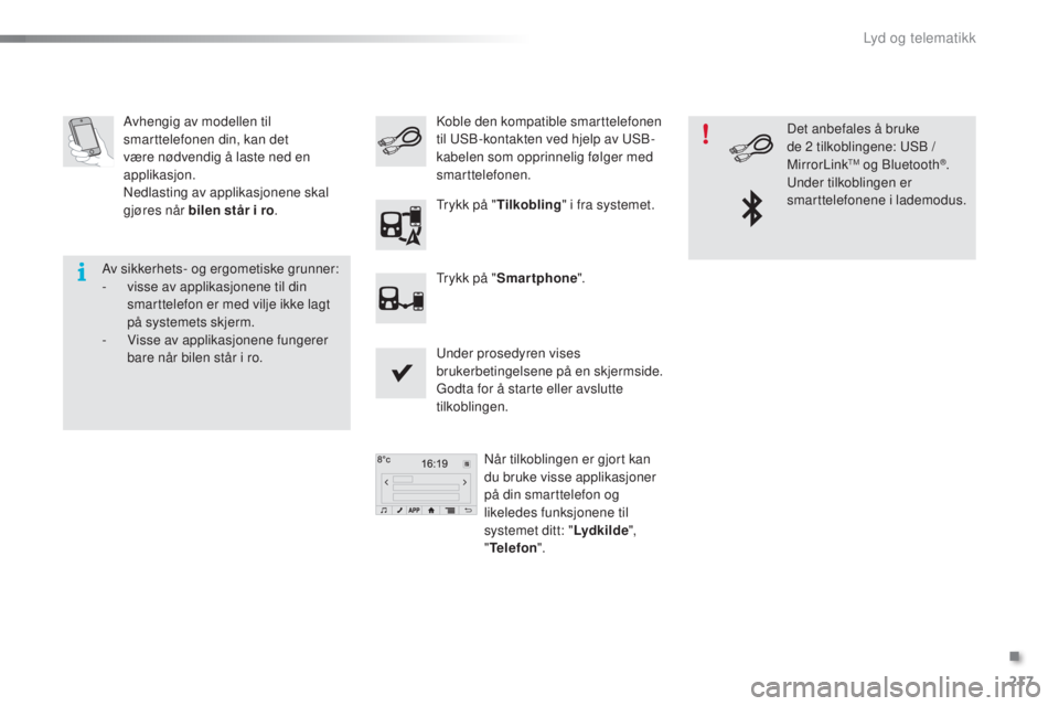 PEUGEOT 108 2016 Instruksjoner for bruk (in Norwegian) 217
108_no_Chap10a_Autoradio-toyota-tactile-1_ed01-2016
Avhengig av modellen til
smarttelefonen din, kan det
være nødvendig å laste ned en
applikasjon.
Nedlasting av applikasjonene skal
gjøres PEUGEOT 108 2016 Instruksjoner for bruk (in Norwegian) 217
108_no_Chap10a_Autoradio-toyota-tactile-1_ed01-2016
Avhengig av modellen til
smarttelefonen din, kan det
være nødvendig å laste ned en
applikasjon.
Nedlasting av applikasjonene skal
gjøres