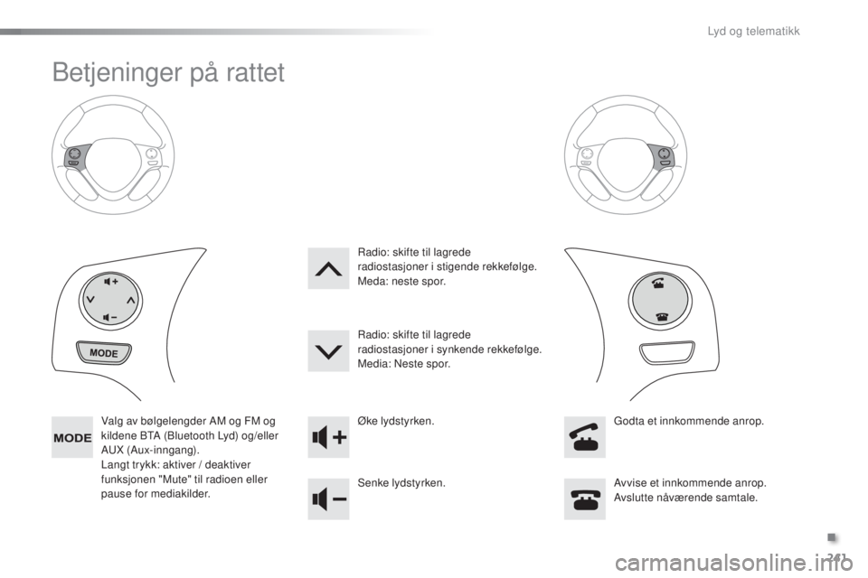 PEUGEOT 108 2016  Instruksjoner for bruk (in Norwegian) 241
108_no_Chap10b_Autoradio-toyota-2_ed01-2016
Betjeninger på rattet
Valg av bølgelengder AM og FM og 
kildene BtA (
Bluetooth Lyd) og/eller 
A
uX

 (Aux-inngang).
Langt trykk: aktiver / deaktiver 