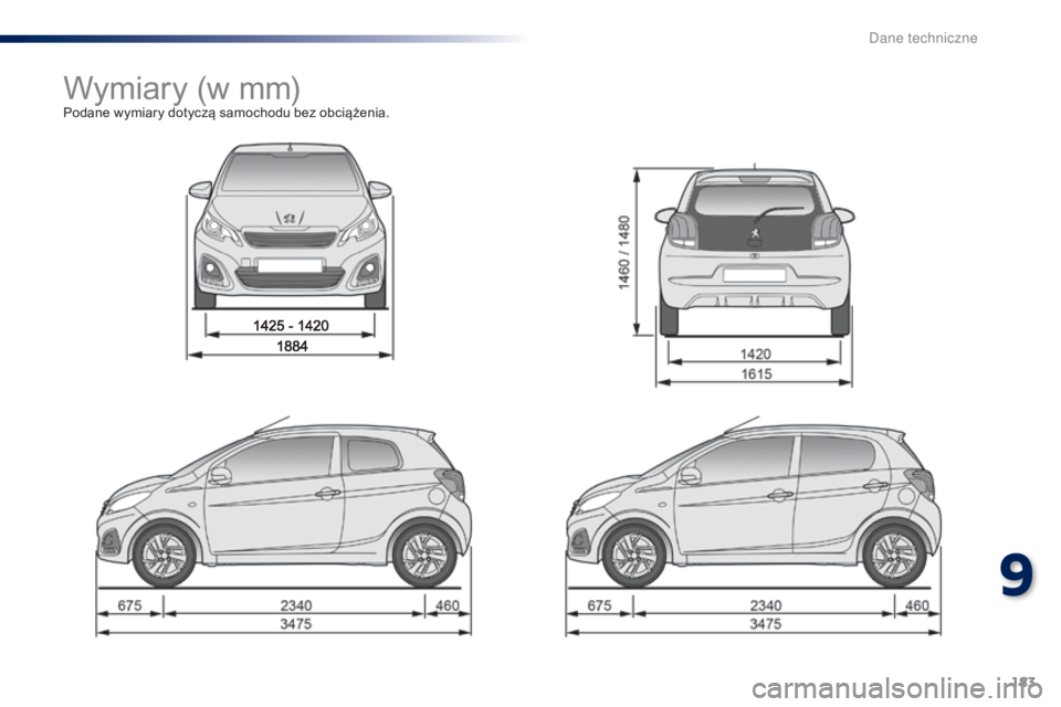 PEUGEOT 108 2016  Instrukcja obsługi (in Polish) 183
108_pl_Chap09_caracteristiques-techniques_ed01-2016
Wymiary (w mm)Podane wymiary dotyczą samochodu bez obciążenia.
9 
D  