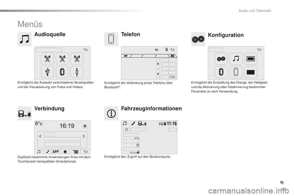 PEUGEOT 108 2015  Betriebsanleitungen (in German) 187
108_de_Chap12a_Autoradio-Toyota-tactile-1_ed01-2015
Menüs
AudioquelleKonfiguration
Telefon
Verbindung Fahrzeuginformationen
Ermöglicht die Auswahl verschiedener Musikquellen 
und die Visualisier
