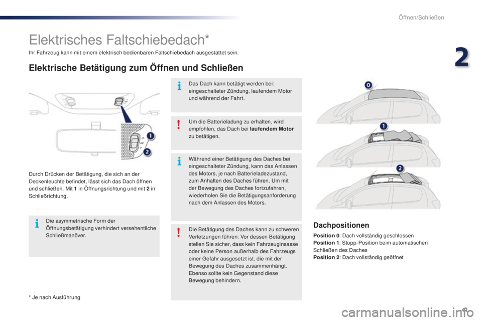 PEUGEOT 108 2015 Betriebsanleitungen (in German) 41
108_de_Chap02_ouvertures_ed01-2015
* Je nach Ausführung Ihr Fahrzeug kann mit einem elektrisch bedienbaren Faltschiebedach ausgestattet sein.
Elektrisches Faltschiebedach*
Elektrische Betätigung PEUGEOT 108 2015 Betriebsanleitungen (in German) 41
108_de_Chap02_ouvertures_ed01-2015
* Je nach Ausführung Ihr Fahrzeug kann mit einem elektrisch bedienbaren Faltschiebedach ausgestattet sein.
Elektrisches Faltschiebedach*
Elektrische Betätigung