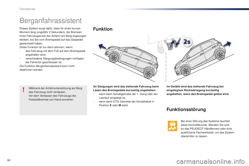 PEUGEOT 108 2015 Betriebsanleitungen (in German) 80
108_de_Chap05_conduite_ed01-2015
Berganfahrassistent
Dieses System sorgt dafür, dass für einen kurzen
Moment lang (ungefähr 2 Sekunden), die Bremsen
Ihres Fahrzeuges bei der Anfahr t am Berg a PEUGEOT 108 2015 Betriebsanleitungen (in German) 80
108_de_Chap05_conduite_ed01-2015
Berganfahrassistent
Dieses System sorgt dafür, dass für einen kurzen
Moment lang (ungefähr 2 Sekunden), die Bremsen
Ihres Fahrzeuges bei der Anfahr t am Berg a