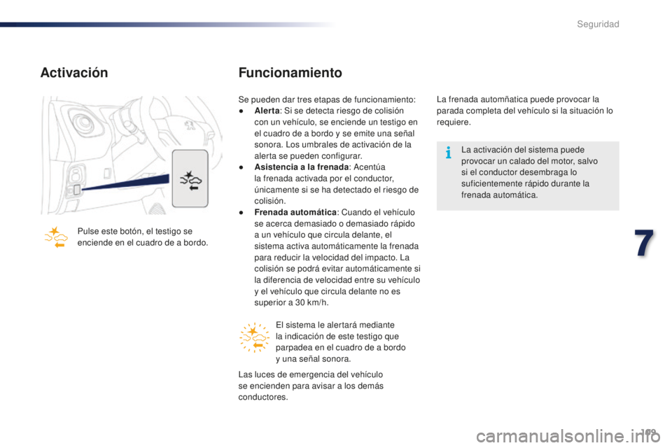 PEUGEOT 108 2015 Manual del propietario (in Spanish) 109
108_es_Chap07_securite_ed01-2015
Activación
Pulse este botón, el testigo se
enciende en el cuadro de a bordo.
Funcionamiento
Se pueden dar tres etapas de funcionamiento:
● Alerta: Si se detec PEUGEOT 108 2015 Manual del propietario (in Spanish) 109
108_es_Chap07_securite_ed01-2015
Activación
Pulse este botón, el testigo se
enciende en el cuadro de a bordo.
Funcionamiento
Se pueden dar tres etapas de funcionamiento:
● Alerta: Si se detec