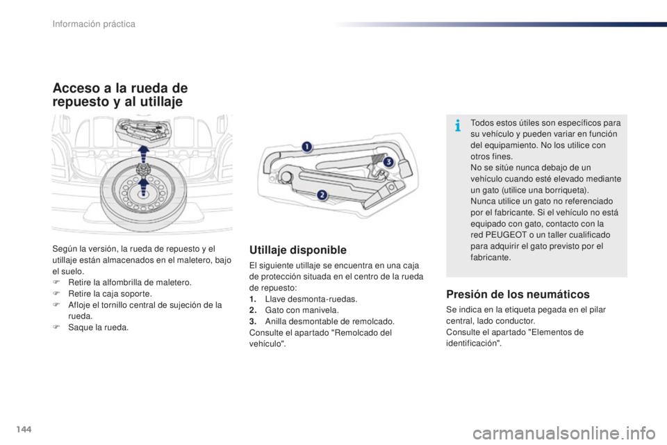 PEUGEOT 108 2015 Manual del propietario (in Spanish) 144
108_es_Chap09_info-pratiques_ed01-2015
Acceso a la rueda de
repuesto y al utillaje
Utillaje disponible
El siguiente utillaje se encuentra en una caja
de protección situada en el centro de la ru PEUGEOT 108 2015 Manual del propietario (in Spanish) 144
108_es_Chap09_info-pratiques_ed01-2015
Acceso a la rueda de
repuesto y al utillaje
Utillaje disponible
El siguiente utillaje se encuentra en una caja
de protección situada en el centro de la ru