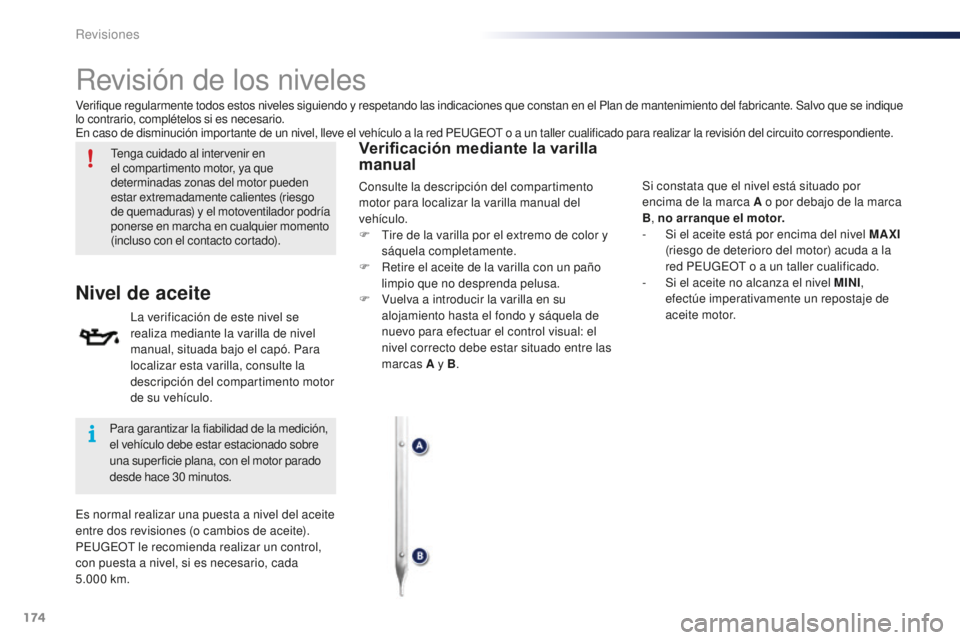 PEUGEOT 108 2015 Manual del propietario (in Spanish) 174
108_es_Chap10_verifications_ed01-2015
Revisión de los niveles
Tenga cuidado al intervenir en
el compartimento motor, ya que
determinadas zonas del motor pueden
estar extremadamente calientes ( PEUGEOT 108 2015 Manual del propietario (in Spanish) 174
108_es_Chap10_verifications_ed01-2015
Revisión de los niveles
Tenga cuidado al intervenir en
el compartimento motor, ya que
determinadas zonas del motor pueden
estar extremadamente calientes (