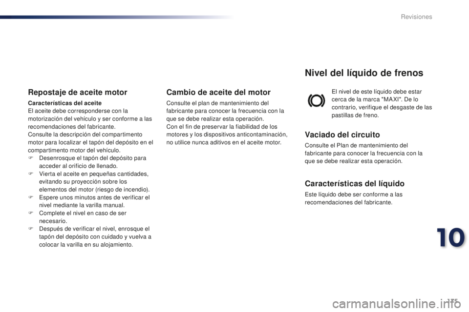PEUGEOT 108 2015 Manual del propietario (in Spanish) 175
108_es_Chap10_verifications_ed01-2015
El nivel de este líquido debe estar
cerca de la marca "MA XI". De lo
contrario, verifique el desgaste de las
pastillas de freno.
Nivel del líquid PEUGEOT 108 2015 Manual del propietario (in Spanish) 175
108_es_Chap10_verifications_ed01-2015
El nivel de este líquido debe estar
cerca de la marca "MA XI". De lo
contrario, verifique el desgaste de las
pastillas de freno.
Nivel del líquid