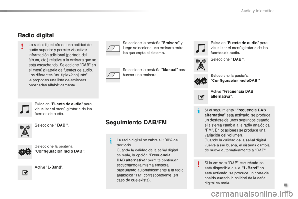 PEUGEOT 108 2015 Manual del propietario (in Spanish) 195
108_es_Chap12a_Autoradio-Toyota-tactile-1_ed01-2015
Pulse en "Fuente de audio " para
visualizar el menú giratorio de las
fuentes de audio. Pulse en "
Fuente de audio " para
vis PEUGEOT 108 2015 Manual del propietario (in Spanish) 195
108_es_Chap12a_Autoradio-Toyota-tactile-1_ed01-2015
Pulse en "Fuente de audio " para
visualizar el menú giratorio de las
fuentes de audio. Pulse en "
Fuente de audio " para
vis