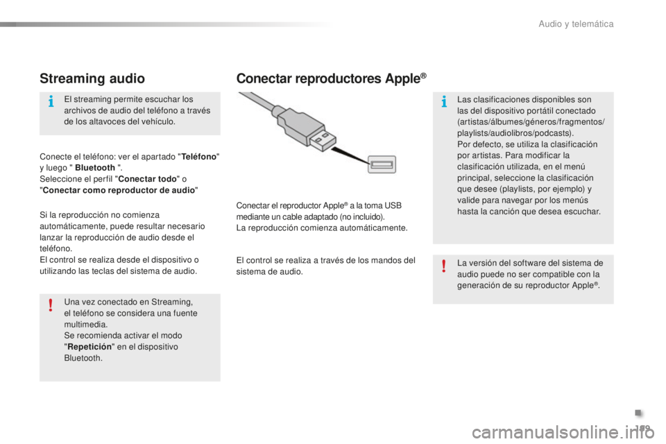PEUGEOT 108 2015 Manual del propietario (in Spanish) 199
108_es_Chap12a_Autoradio-Toyota-tactile-1_ed01-2015
Streaming audio
Una vez conectado en Streaming,
el teléfono se considera una fuente
multimedia.
Se recomienda activar el modo
"Repetici PEUGEOT 108 2015 Manual del propietario (in Spanish) 199
108_es_Chap12a_Autoradio-Toyota-tactile-1_ed01-2015
Streaming audio
Una vez conectado en Streaming,
el teléfono se considera una fuente
multimedia.
Se recomienda activar el modo
"Repetici