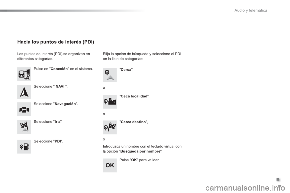 PEUGEOT 108 2015  Manual del propietario (in Spanish) .
  Audio y telemática 
11
   
Seleccione "  NAVI 
 ".  
   
Seleccione " Ir a 
".      
Pulse en " Conexión 
" en el sistema.  
   
Seleccione " Navegación 
".  
 
 
 
Hacia los puntos de interés