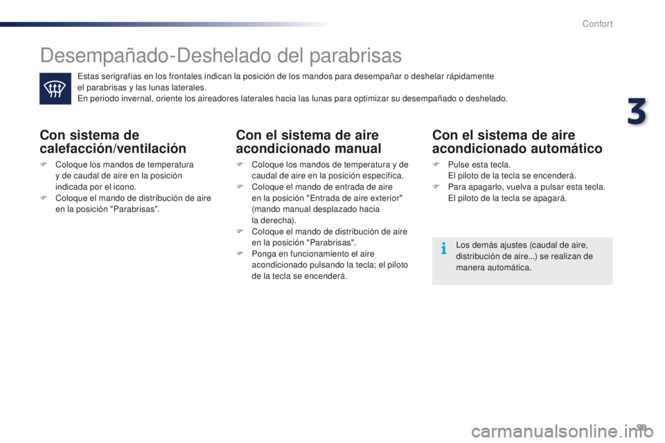 PEUGEOT 108 2015 Manual del propietario (in Spanish) 59
108_es_Chap03_confort_ed01-2015
Desempañado-Deshelado del parabrisas
Estas serigrafías en los frontales indican la posición de los mandos para desempañar o deshelar rápidamente
el parabrisas PEUGEOT 108 2015 Manual del propietario (in Spanish) 59
108_es_Chap03_confort_ed01-2015
Desempañado-Deshelado del parabrisas
Estas serigrafías en los frontales indican la posición de los mandos para desempañar o deshelar rápidamente
el parabrisas