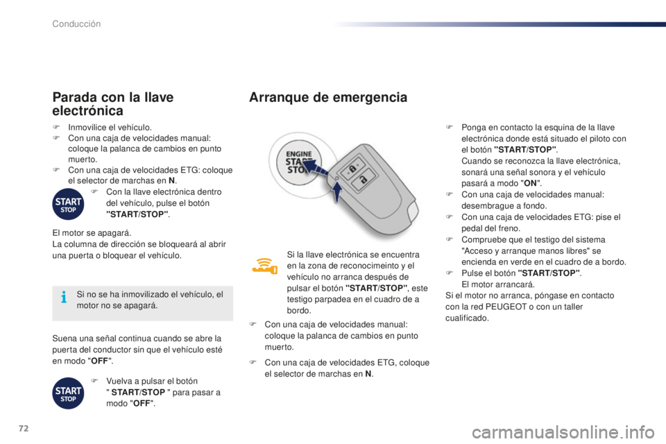 PEUGEOT 108 2015 Manual del propietario (in Spanish) 72
108_es_Chap05_conduite_ed01-2015
Suena una señal continua cuando se abre la
puerta del conductor sin que el vehículo esté
en modo "OFF".
Si no se ha inmovilizado el vehículo, el
moto PEUGEOT 108 2015 Manual del propietario (in Spanish) 72
108_es_Chap05_conduite_ed01-2015
Suena una señal continua cuando se abre la
puerta del conductor sin que el vehículo esté
en modo "OFF".
Si no se ha inmovilizado el vehículo, el
moto