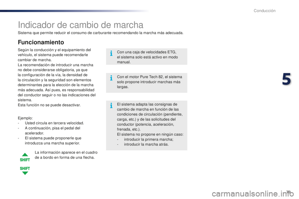 PEUGEOT 108 2015 Manual del propietario (in Spanish) 79
108_es_Chap05_conduite_ed01-2015
Sistema que permite reducir el consumo de carburante recomendando la marcha más adecuada.
Indicador de cambio de marcha
Funcionamiento
Ejemplo:
- Usted circula en PEUGEOT 108 2015 Manual del propietario (in Spanish) 79
108_es_Chap05_conduite_ed01-2015
Sistema que permite reducir el consumo de carburante recomendando la marcha más adecuada.
Indicador de cambio de marcha
Funcionamiento
Ejemplo:
- Usted circula en