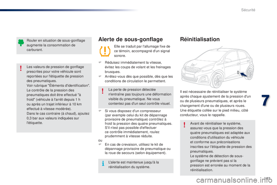 PEUGEOT 108 2015 Manuel du propriétaire (in French) 103
Alerte de sous-gonflage
Elle se traduit par l'allumage fixe de
ce témoin, accompagné d'un signal
sonore.
F
R
éduisez immédiatement la vitesse,
évitez les coups de volant et les PEUGEOT 108 2015 Manuel du propriétaire (in French) 103
Alerte de sous-gonflage
Elle se traduit par l'allumage fixe de
ce témoin, accompagné d'un signal
sonore.
F
R
éduisez immédiatement la vitesse,
évitez les coups de volant et les