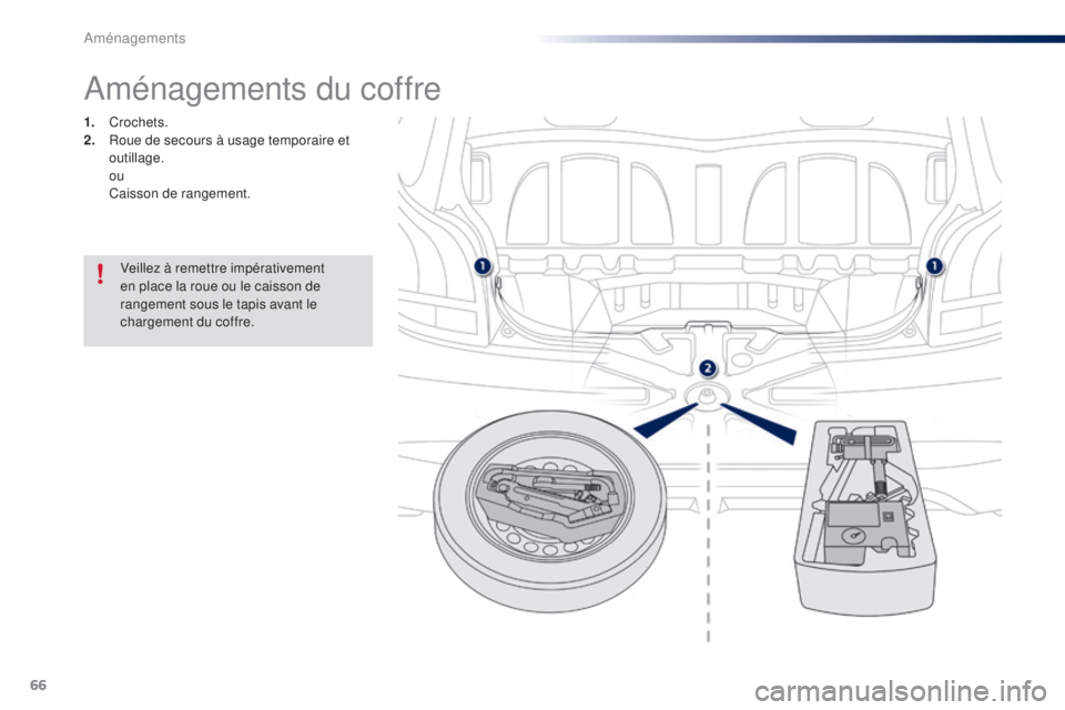 PEUGEOT 108 2015  Manuel du propriétaire (in French) 66
Aménagements du coffre
1. Crochets.
2. R oue de secours à usage temporaire et 
outillage.
 

ou
 C

aisson de rangement.
Veillez à remettre impérativement 
en place la roue ou le caisson de 
ra
