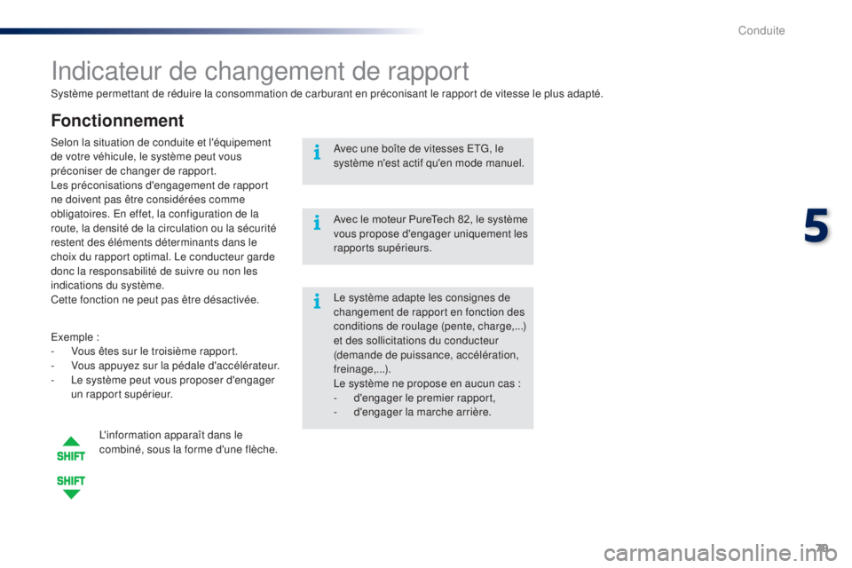 PEUGEOT 108 2015 Manuel du propriétaire (in French) 79
Système permettant de réduire la consommation de carburant en préconisant le rapport de vitesse le plus adapté.
Indicateur de changement de rapport
Fonctionnement
Exemple :
- V ous êtes sur l PEUGEOT 108 2015 Manuel du propriétaire (in French) 79
Système permettant de réduire la consommation de carburant en préconisant le rapport de vitesse le plus adapté.
Indicateur de changement de rapport
Fonctionnement
Exemple :
- V ous êtes sur l