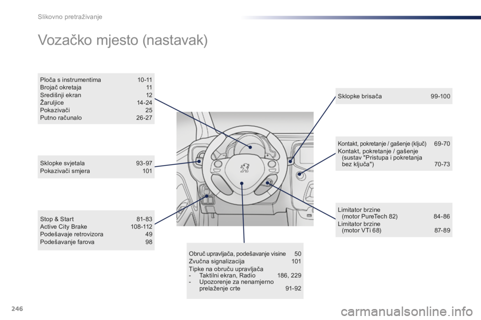 PEUGEOT 108 2015  Upute Za Rukovanje (in Croatian) 246
108_hr_Chap13_recherche-visuelle_ed01-2015
Obruč upravljača, podešavanje visine 50
Zvučna signalizacija 1 01
Tipke na obruču upravljača
-
 
T
 aktilni ekran, Radio  
1
 86, 229
-
 
U
 pozore