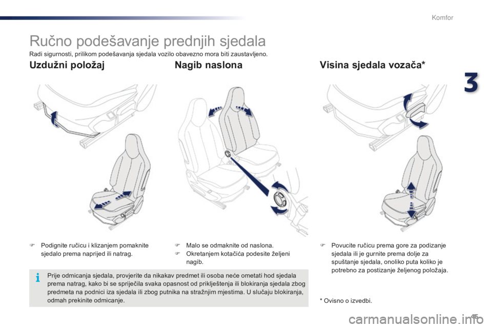 PEUGEOT 108 2015  Upute Za Rukovanje (in Croatian) 45
108_hr_Chap03_confort_ed01-2015
Ručno podešavanje prednjih sjedala
F Podignite ručicu i klizanjem pomaknite sjedalo prema naprijed ili natrag. F
 P ovucite ručicu prema gore za podizanje 
sjeda
