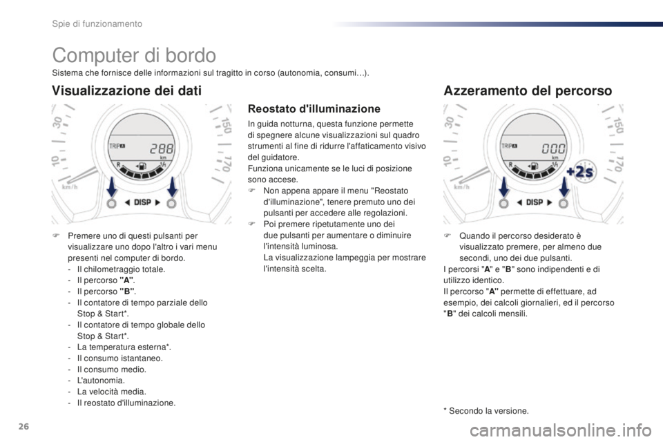 PEUGEOT 108 2015 Manuale duso (in Italian) 26
Computer di bordo
Sistema che fornisce delle informazioni sul tragitto in corso (autonomia, consumi…).
Visualizzazione dei dati
F Premere uno di questi pulsanti per visualizzare uno dopo l'al PEUGEOT 108 2015 Manuale duso (in Italian) 26
Computer di bordo
Sistema che fornisce delle informazioni sul tragitto in corso (autonomia, consumi…).
Visualizzazione dei dati
F Premere uno di questi pulsanti per visualizzare uno dopo l'al
