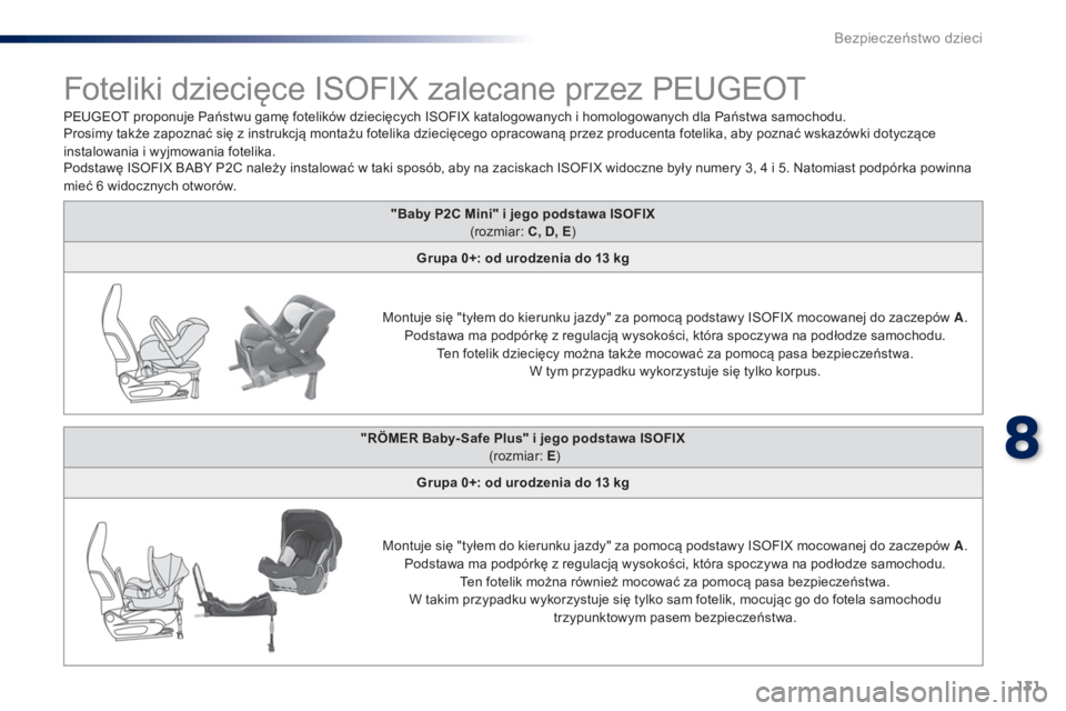 PEUGEOT 108 2015 Instrukcja obsługi (in Polish) 131
108_pl_Chap08_securite-enfants_ed01-2015
"Baby P2C Mini" i jego podstawa ISOFIX (rozmiar: C, D, E)
Grupa 0+: od urodzenia do 13
kg
Montuje się "tyłem do kierunku jazdy" za pomo PEUGEOT 108 2015 Instrukcja obsługi (in Polish) 131
108_pl_Chap08_securite-enfants_ed01-2015
"Baby P2C Mini" i jego podstawa ISOFIX (rozmiar: C, D, E)
Grupa 0+: od urodzenia do 13
kg
Montuje się "tyłem do kierunku jazdy" za pomo