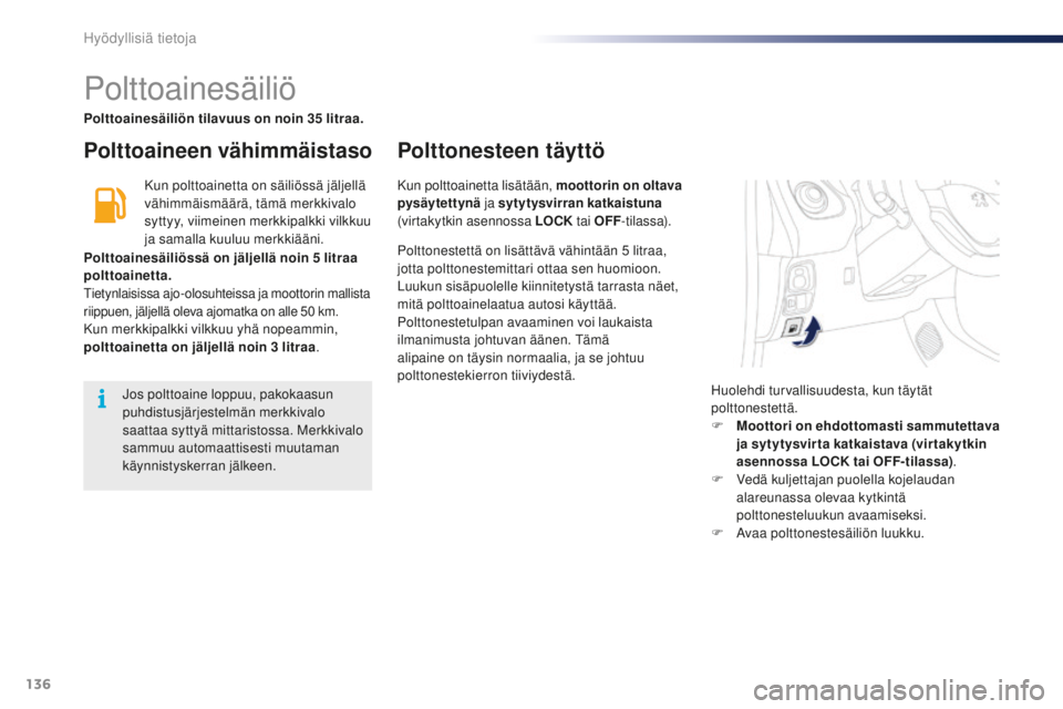 PEUGEOT 108 2015 Omistajan Käsikirja (in Finnish) 136
108_fi_Chap09_info-pratiques_ed01-2015
Polttoainesäiliö
Polttoaineen vähimmäistasoPolttonesteen täyttö
Kun polttoainetta on säiliössä jäljellä
vähimmäismäärä, tämä merkkivalo
s PEUGEOT 108 2015 Omistajan Käsikirja (in Finnish) 136
108_fi_Chap09_info-pratiques_ed01-2015
Polttoainesäiliö
Polttoaineen vähimmäistasoPolttonesteen täyttö
Kun polttoainetta on säiliössä jäljellä
vähimmäismäärä, tämä merkkivalo
s