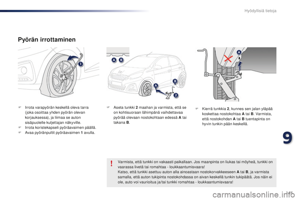 PEUGEOT 108 2015 Omistajan Käsikirja (in Finnish) 145
108_fi_Chap09_info-pratiques_ed01-2015
Pyörän irrottaminen
F Irrota varapyörän keskellä oleva tarra ( joka osoittaa yhden pyörän olevan
korjauksessa), ja liimaa se auton
sisäpuolelle kul PEUGEOT 108 2015 Omistajan Käsikirja (in Finnish) 145
108_fi_Chap09_info-pratiques_ed01-2015
Pyörän irrottaminen
F Irrota varapyörän keskellä oleva tarra ( joka osoittaa yhden pyörän olevan
korjauksessa), ja liimaa se auton
sisäpuolelle kul
