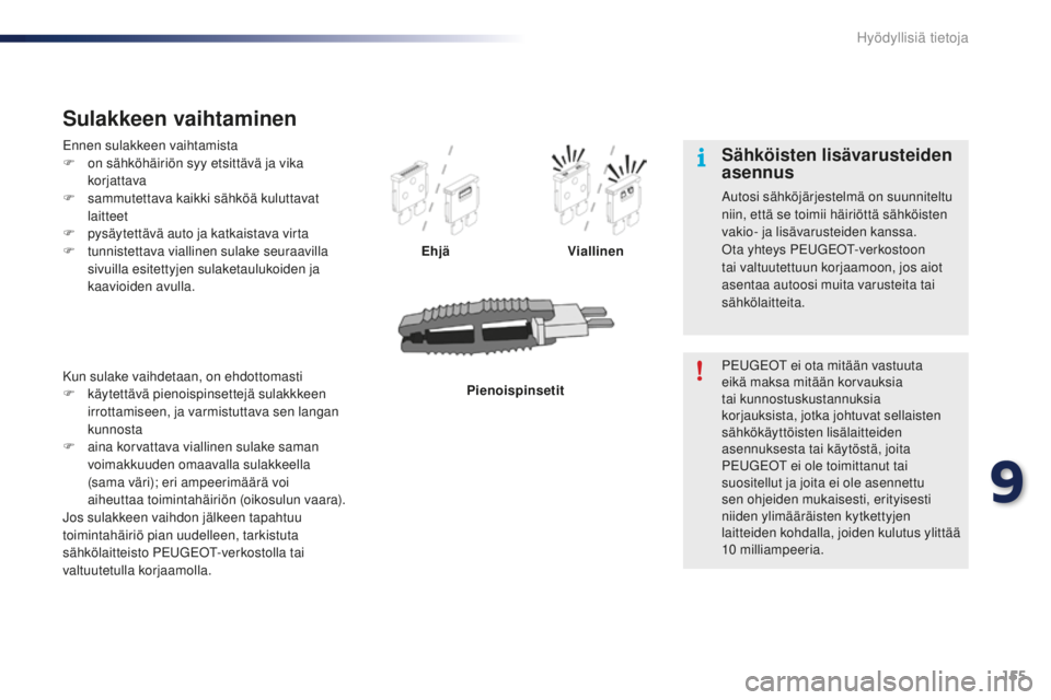 PEUGEOT 108 2015 Omistajan Käsikirja (in Finnish) 155
108_fi_Chap09_info-pratiques_ed01-2015
Ennen sulakkeen vaihtamista
F o n sähköhäiriön syy etsittävä ja vika
korjattava
F
s
ammutettava kaikki sähköä kuluttavat
laitteet
F
p
ysäyt PEUGEOT 108 2015 Omistajan Käsikirja (in Finnish) 155
108_fi_Chap09_info-pratiques_ed01-2015
Ennen sulakkeen vaihtamista
F o n sähköhäiriön syy etsittävä ja vika
korjattava
F
s
ammutettava kaikki sähköä kuluttavat
laitteet
F
p
ysäyt