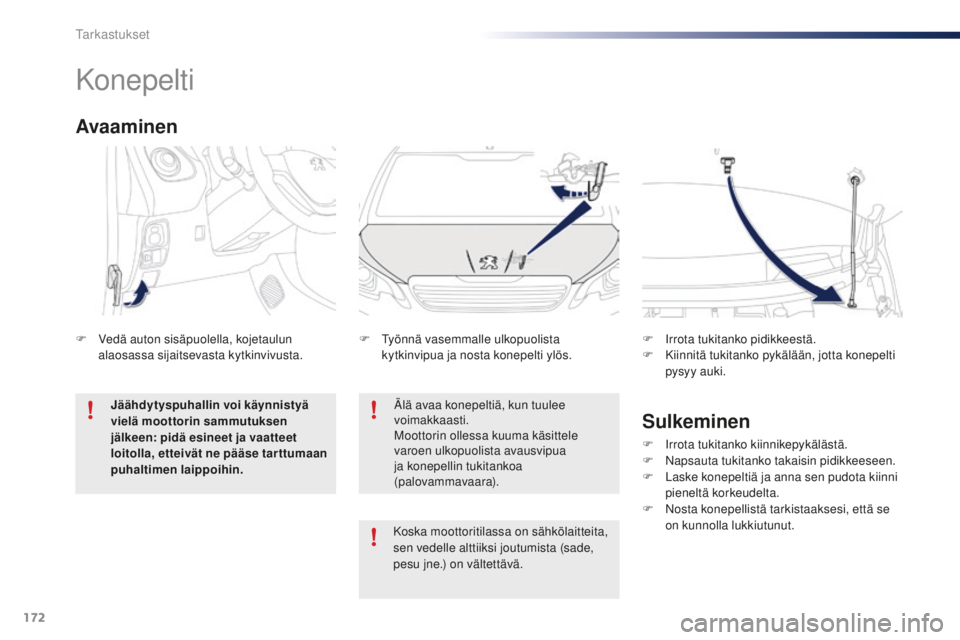 PEUGEOT 108 2015  Omistajan Käsikirja (in Finnish) 172
108_fi_Chap10_verifications_ed01-2015
Konepelti
Älä avaa konepeltiä, kun tuulee 
voimakkaasti.
Moottorin ollessa kuuma käsittele 
varoen ulkopuolista avausvipua 
ja konepellin tukitankoa 
(pal