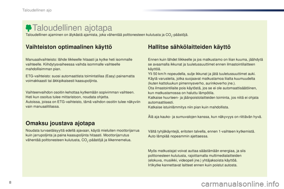 PEUGEOT 108 2015 Omistajan Käsikirja (in Finnish) 8
108_fi_Chap00c_eco-conduite_ed01-2015
Vaihteiston optimaalinen käyttö
Manuaalivaihteisto: lähde liikkeelle hitaasti ja kytke heti isommalle
vaihteelle. Kiihdytysvaiheessa vaihda isommalle vaihte PEUGEOT 108 2015 Omistajan Käsikirja (in Finnish) 8
108_fi_Chap00c_eco-conduite_ed01-2015
Vaihteiston optimaalinen käyttö
Manuaalivaihteisto: lähde liikkeelle hitaasti ja kytke heti isommalle
vaihteelle. Kiihdytysvaiheessa vaihda isommalle vaihte