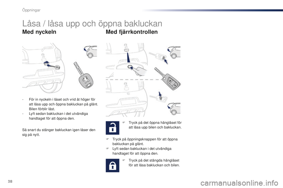 PEUGEOT 108 2015  Bruksanvisningar (in Swedish) 38
108_sv_Chap02_ouvertures_ed01-2015
Låsa / låsa upp och öppna bakluckan
Med nyckelnMed fjärrkontrollen
F Tryck på det öppna hänglåset för 
att låsa upp bilen och bakluckan.
-
 
F

ör in n
