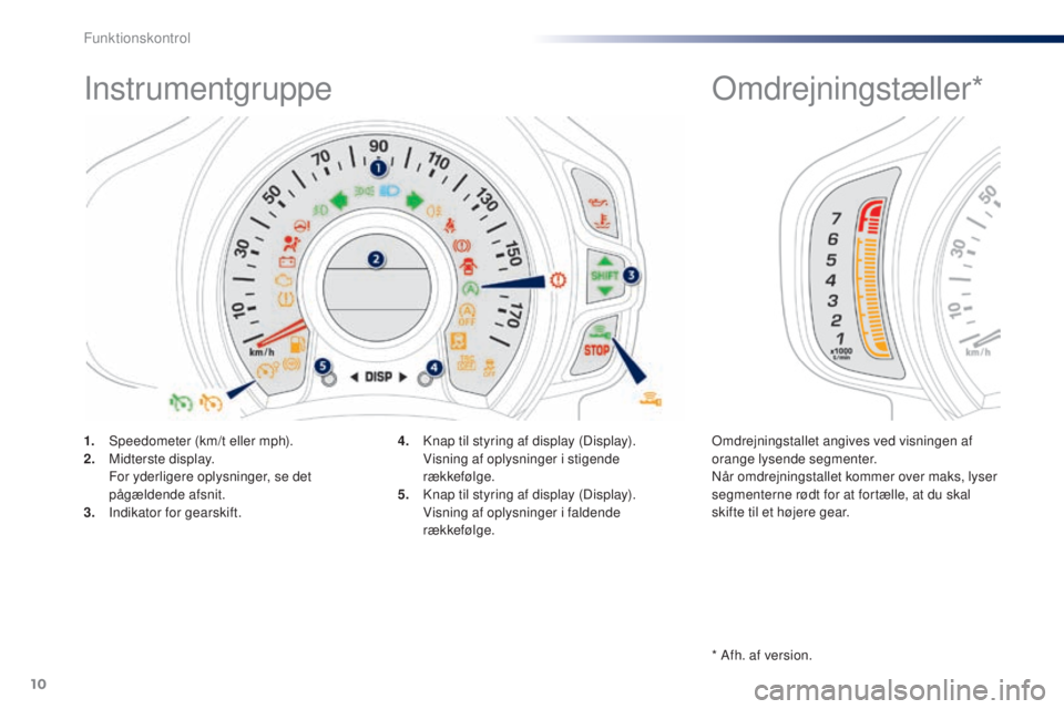 PEUGEOT 108 2014  Brugsanvisning (in Danish) 10
Instrumentgruppe
1. Speedometer (km/t eller mph).
2. Midterste display.
 F

or yderligere oplysninger, se det 
pågældende afsnit.
3.
 I

ndikator for gearskift. 4. K
nap til styring af display (D