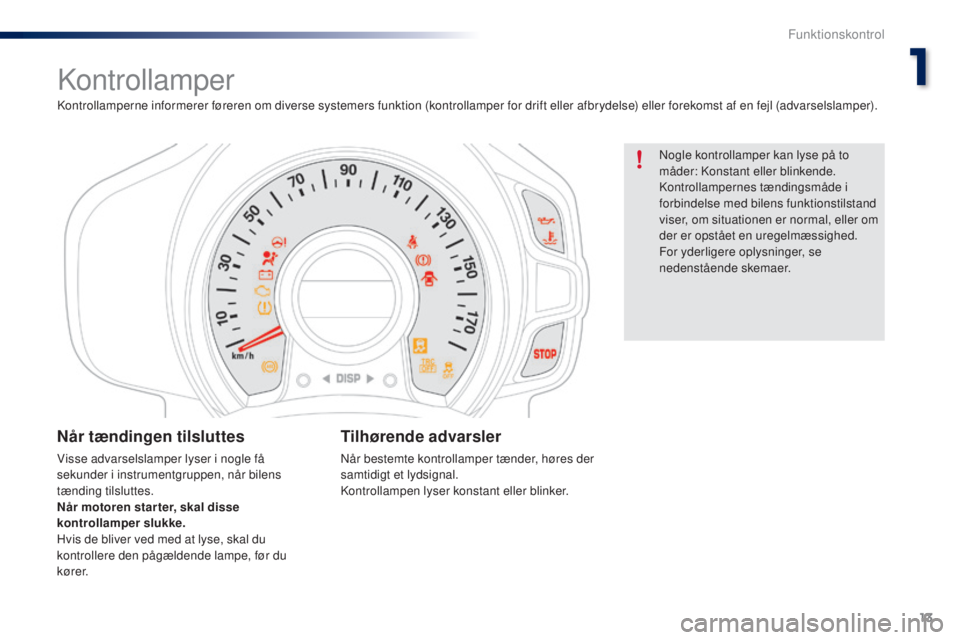 PEUGEOT 108 2014  Brugsanvisning (in Danish) 13
B3_da_Chap01_controle-de-marche_ed01-2014
Kontrollamper
Nogle kontrollamper kan lyse på to 
måder: Konstant eller blinkende.
Kontrollampernes tændingsmåde i 
forbindelse med bilens funktionstil