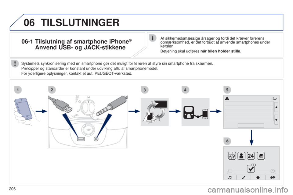 PEUGEOT 108 2014  Brugsanvisning (in Danish) 06
206
06-1  Tilslutning af smartphone iPhone®  
Anvend USB- og JACK-stikkene
TILSLUTNINGER
Af sikkerhedsmæssige årsager og fordi det kræver førerens 
opmærksomhed, er det forbudt at anvende sma