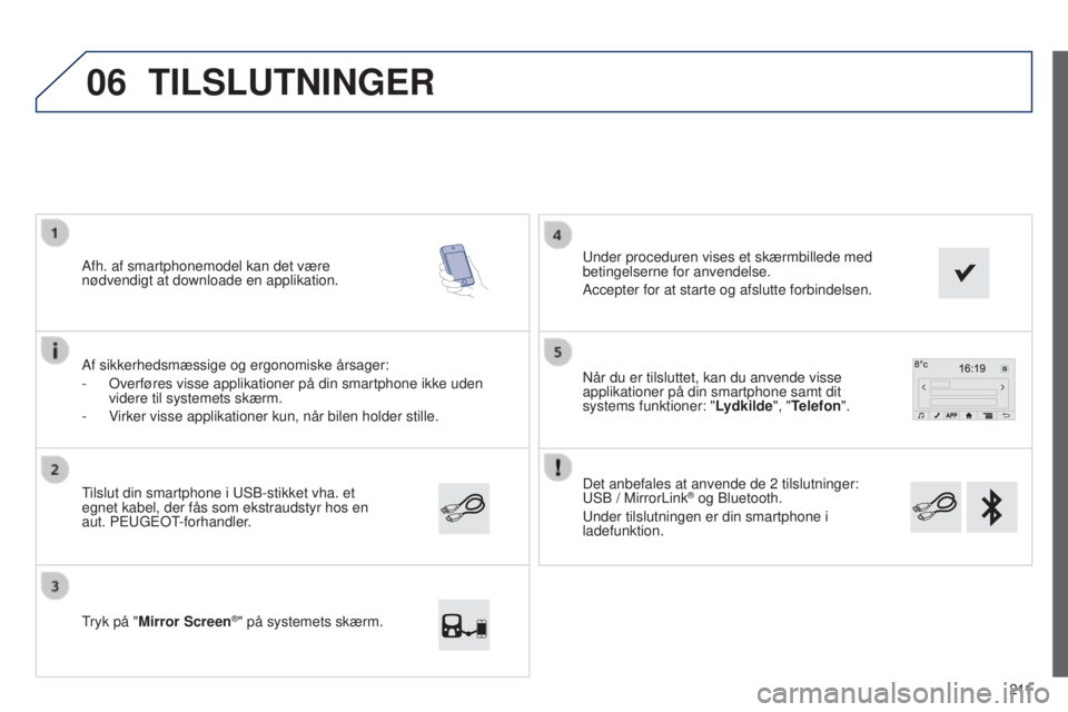 PEUGEOT 108 2014  Brugsanvisning (in Danish) 06
2 11
B3_da_Chap12a_Autoradio-Toyota-tactile-1_ed01-2014
Det anbefales at anvende de 2 tilslutninger: 
USB / MirrorLink® og Bluetooth.
Under tilslutningen er din smartphone i 
ladefunktion. Når du