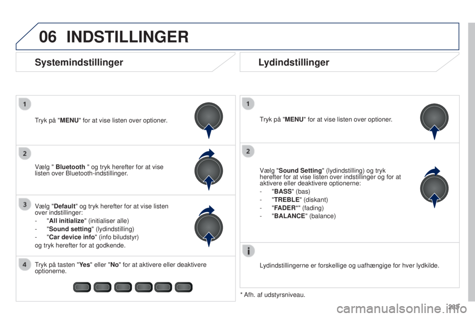 PEUGEOT 108 2014  Brugsanvisning (in Danish) 06
233
B3_da_Chap12b_Autoradio-Toyota-2_ed01-2014
INDSTILLINGER
Tryk på "MENU" for at vise listen over optioner.
Lydindstillingerne er forskellige og uafhængige for hver lydkilde.
* Afh. af 