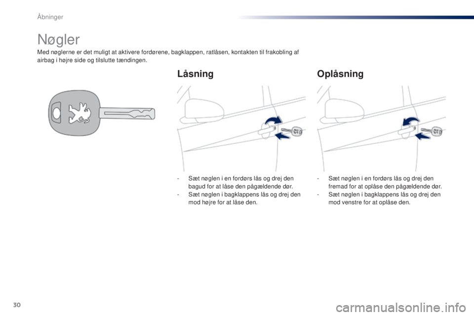 PEUGEOT 108 2014  Brugsanvisning (in Danish) 30
B3_da_Chap02_ouvertures_ed01-2014
Med nøglerne er det muligt at aktivere fordørene, bagklappen, ratlåsen, kontakten til frakobling af 
airbag i højre side og tilslutte tændingen.
Nøgler
Låsn