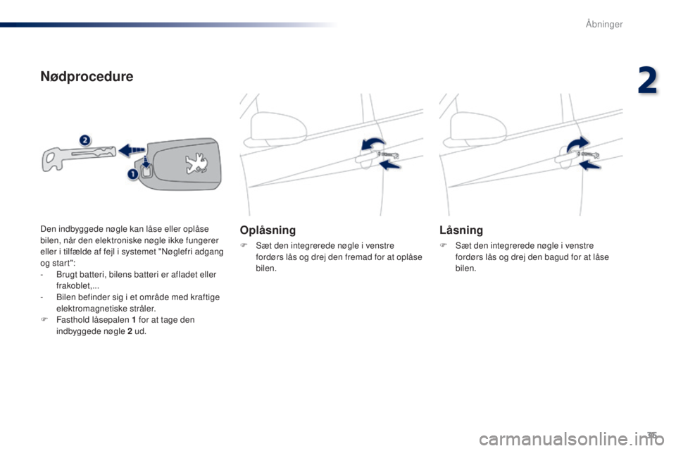 PEUGEOT 108 2014  Brugsanvisning (in Danish) 35
B3_da_Chap02_ouvertures_ed01-2014
Nødprocedure
Oplåsning
F Sæt den integrerede nøgle i venstre fordørs lås og drej den fremad for at oplåse 
bilen.
Låsning
F Sæt den integrerede nøgle i v
