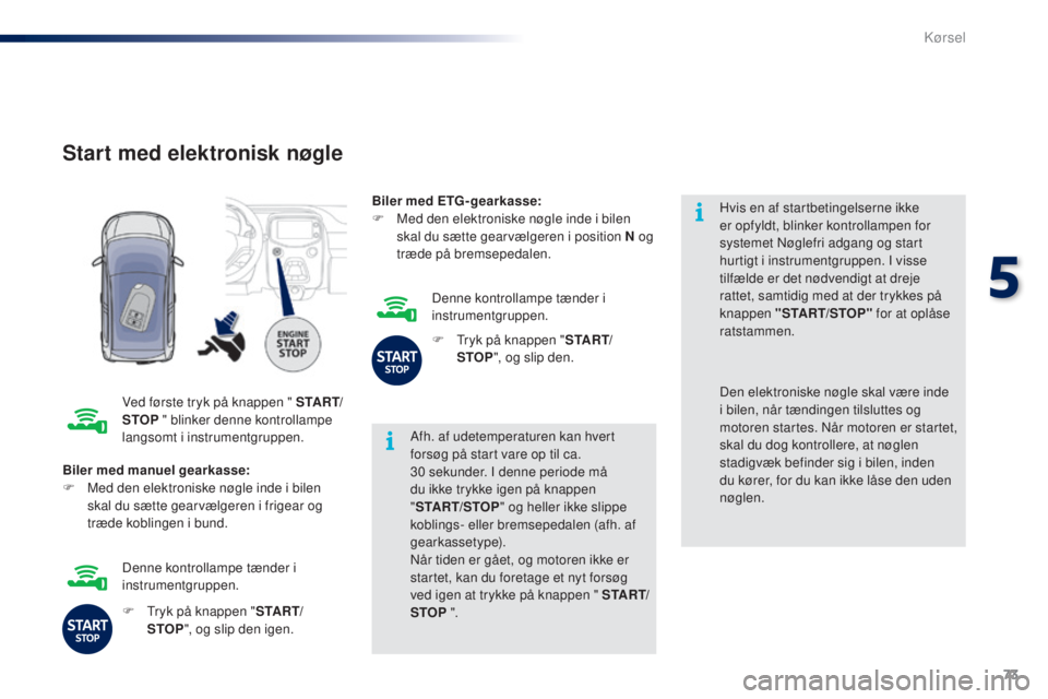 PEUGEOT 108 2014  Brugsanvisning (in Danish) 73
B3_da_Chap05_conduite_ed01-2014
Start med elektronisk nøgle
Ved første tryk på knappen " S TA R T/
STOP " blinker denne kontrollampe 
langsomt i instrumentgruppen. Afh. af udetemperature