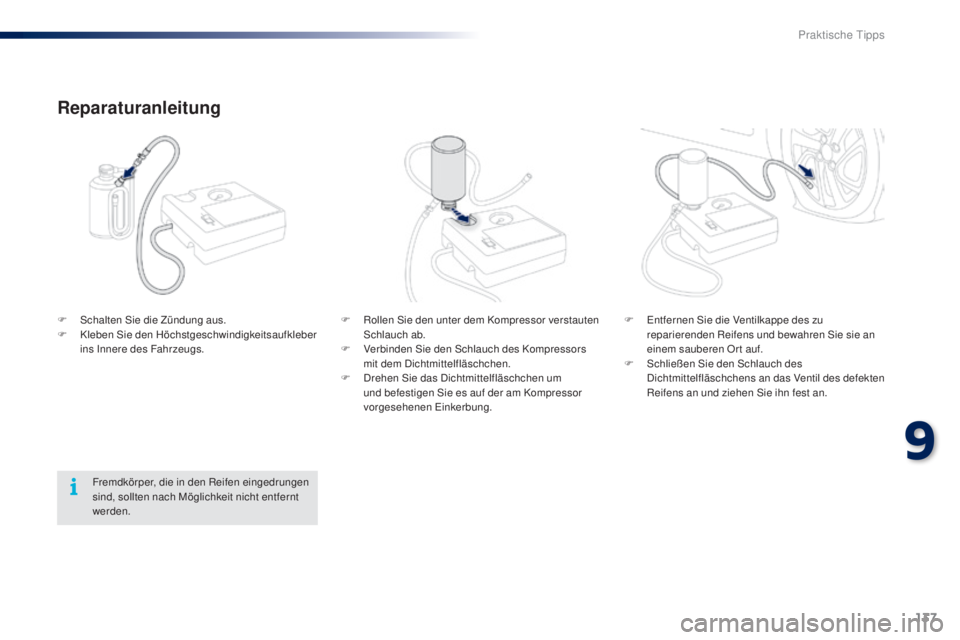 PEUGEOT 108 2014  Betriebsanleitungen (in German) 137
B3_de_Chap09_info-pratiques_ed01-2014
F Rollen Sie den unter dem Kompressor verstauten Schlauch ab.
F
 
V
 erbinden Sie den Schlauch des Kompressors 
mit dem Dichtmittelfläschchen.
F
 
D
 rehen S