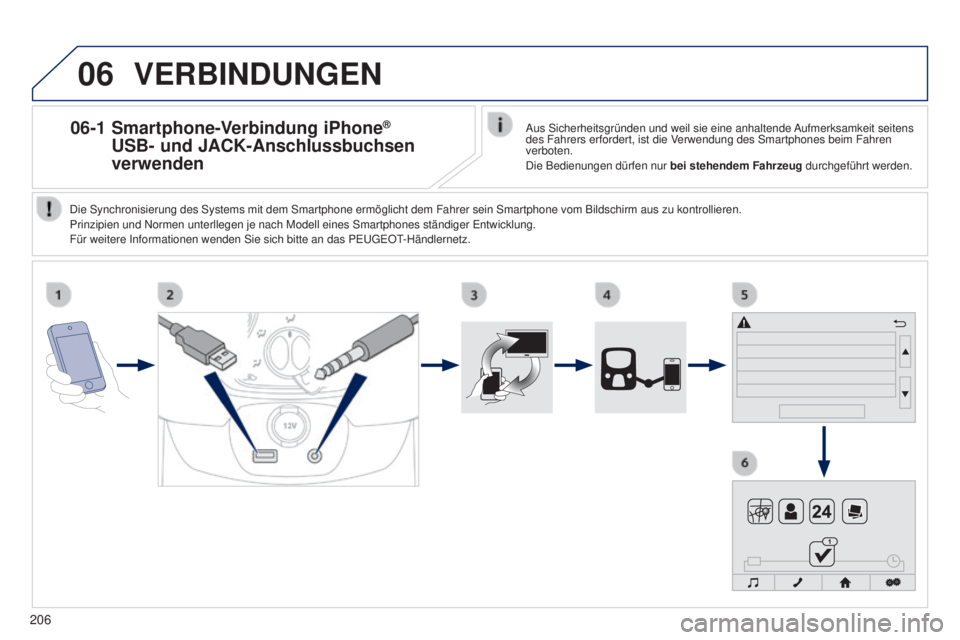 PEUGEOT 108 2014  Betriebsanleitungen (in German) 06
206
06-1  Smartphone-Verbindung iPhone® 
USB- und JACK-Anschlussbuchsen 
verwenden
VERBINDUNGEN
Aus Sicherheitsgründen und weil sie eine anhaltende Aufmerksamkeit seitens 
des Fahrers erfordert, 