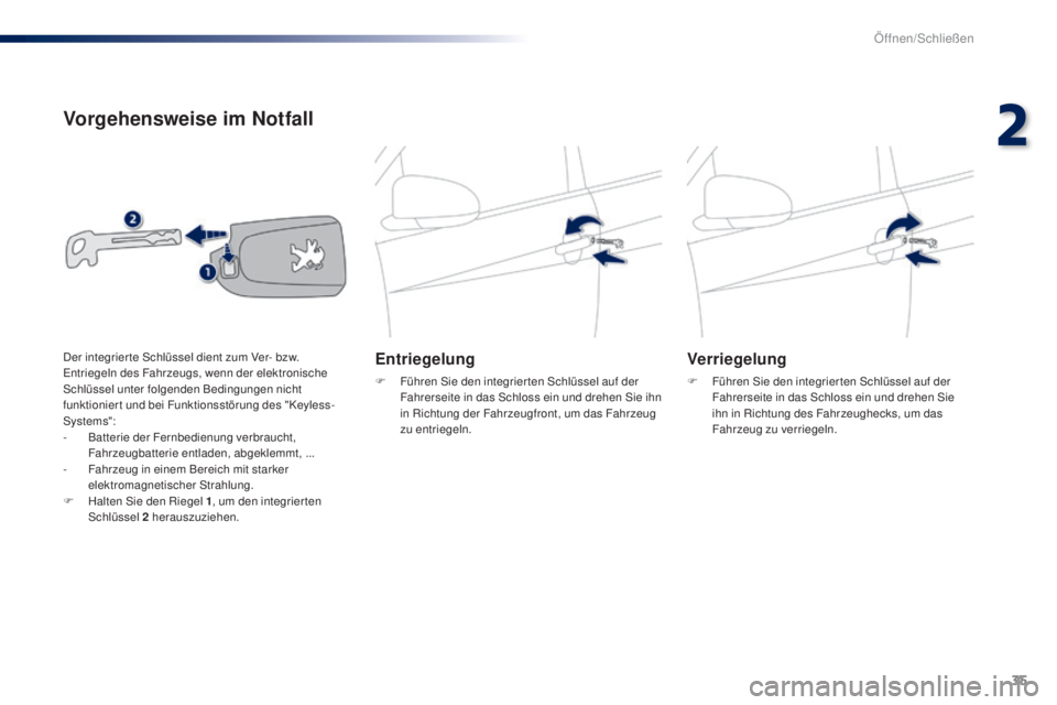 PEUGEOT 108 2014  Betriebsanleitungen (in German) 35
B3_de_Chap02_ouvertures_ed01-2014
Vorgehensweise im Notfall
Entriegelung
F Führen Sie den integrier ten Schlüssel auf der Fahrerseite in das Schloss ein und drehen Sie ihn 
in Richtung der Fahrze