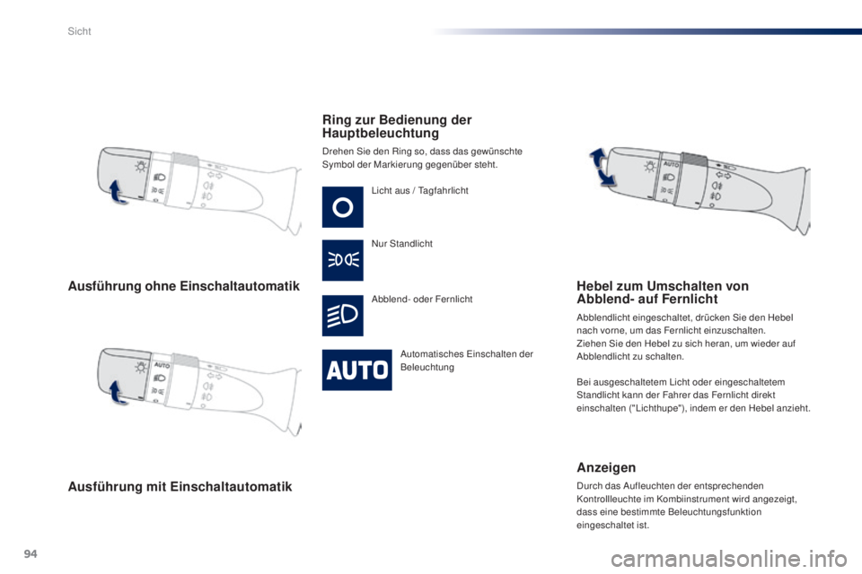 PEUGEOT 108 2014  Betriebsanleitungen (in German) 94
B3_de_Chap06_visibilite_ed01-2014
Ausführung ohne Einschaltautomatik
Ausführung mit EinschaltautomatikRing zur Bedienung der 
Hauptbeleuchtung
Drehen Sie den Ring so, dass das gewünschte 
Symbol