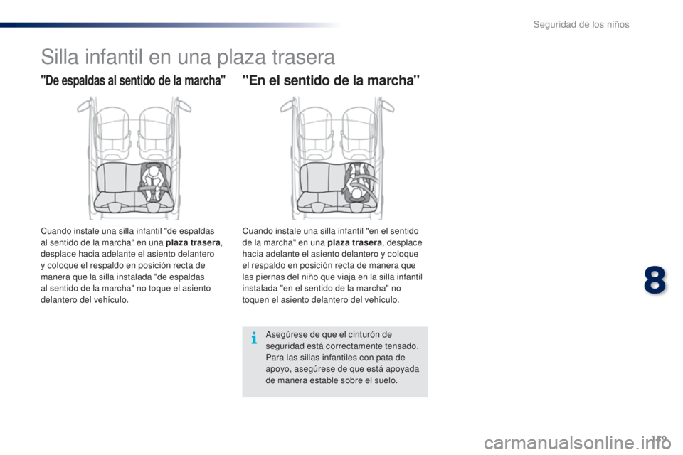 PEUGEOT 108 2014  Manual del propietario (in Spanish) 119
B3_es_Chap08_securite-enfants_ed01-2014
Silla infantil en una plaza trasera
"De espaldas al sentido de la marcha"
Cuando instale una silla infantil "de espaldas 
al sentido de la march