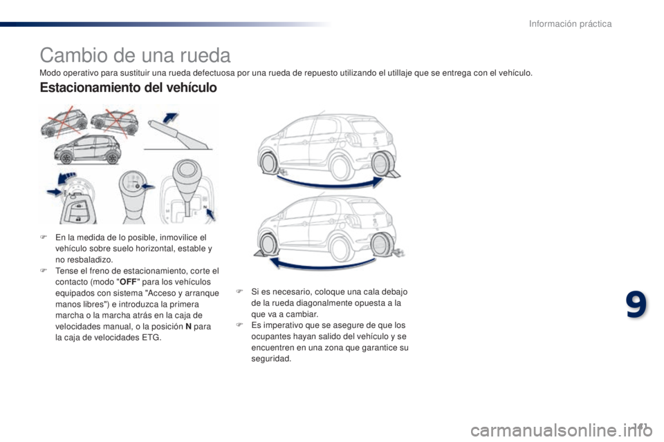 PEUGEOT 108 2014  Manual del propietario (in Spanish) 141
B3_es_Chap09_info-pratiques_ed01-2014
Cambio de una rueda
F En la medida de lo posible, inmovilice el vehículo sobre suelo horizontal, estable y 
no resbaladizo.
F
 
T
 ense el freno de estaciona