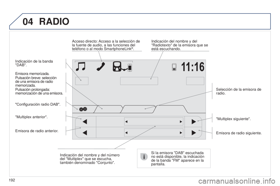 PEUGEOT 108 2014  Manual del propietario (in Spanish) 04
192
RADIO
Indicación de la banda 
"DAB".Indicación del nombre y del 
"Radiotexto" de la emisora que se 
está escuchando.
Acceso directo: Acceso a la selección de 
la fuente de a